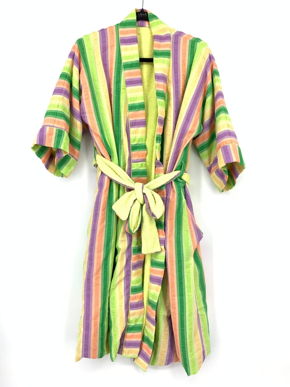 VTG Multicolor Striped Robe Womens Sz M Short Sleeve Purple Green Yellow Orange